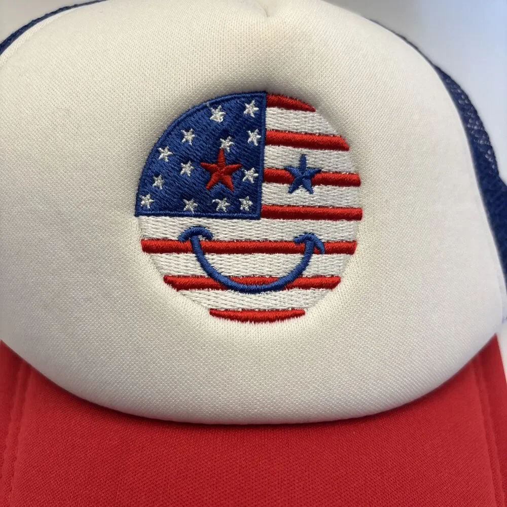 Patriotic American Flag Smiley Face Foam Trucker Hat Red White Blue Snapback